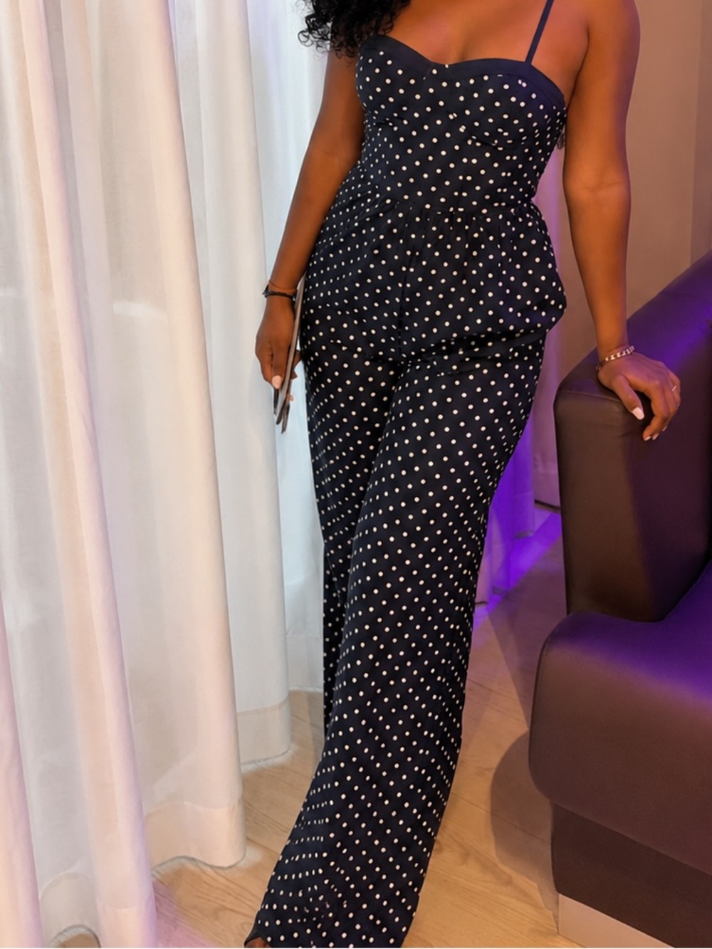 Polka Dot Navy Spaghetti Strap Jumpsuit